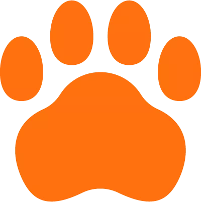 An orange paw print with four toes and a rounded pad, centered on a transparent background.